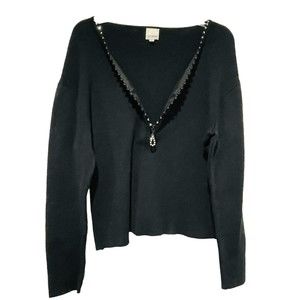 von saken black sweater top large rhinestone embellished V Neck 1/2 Zip